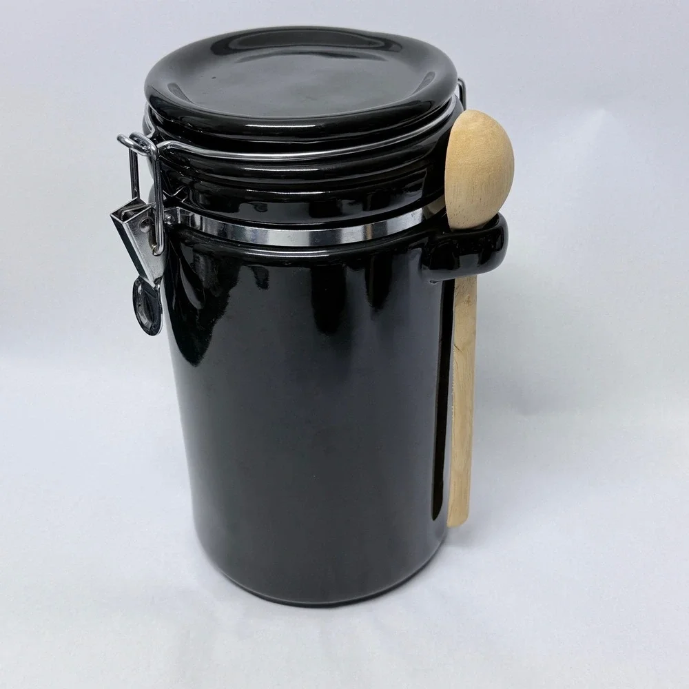 Black Ceramic Canister Set 4 Piece Airtight Locking Lids with Wooden Spoons